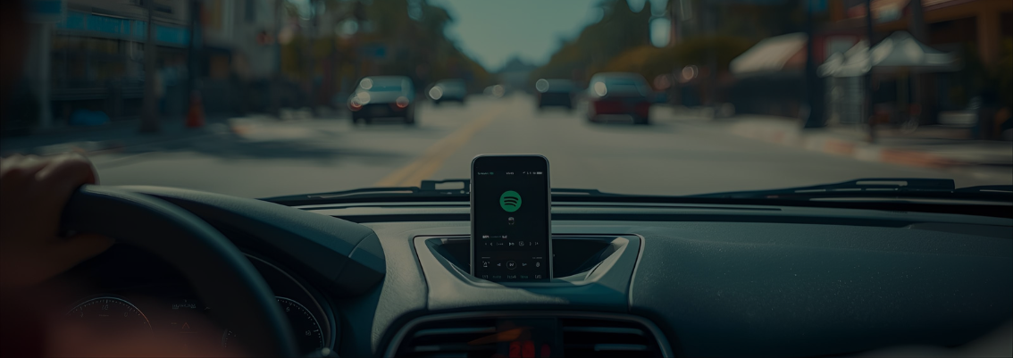 POV photo from inside a car, smartphone on dashboard showing Spotify, bright holiday road background. No text.
