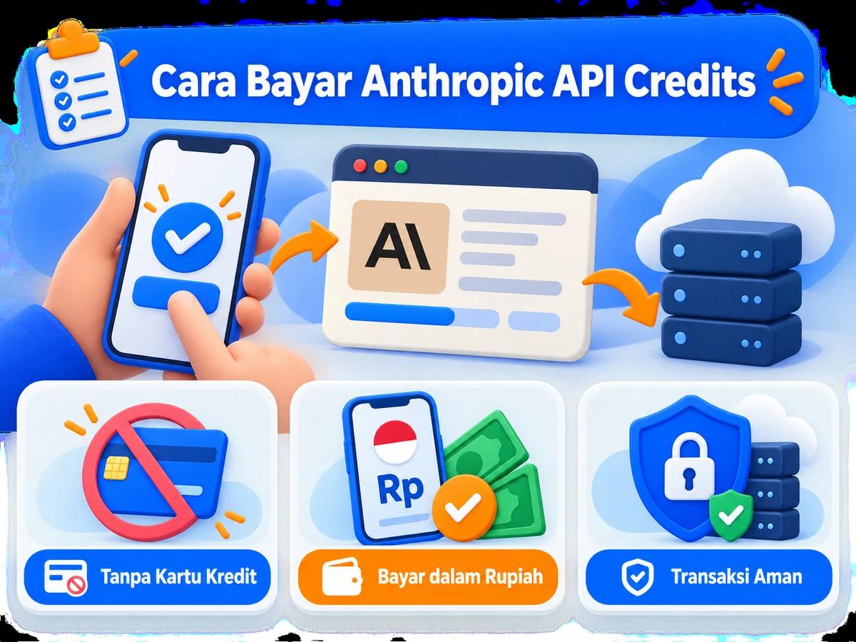 Ilustrasi pembayaran Anthropic API Credits dari Indonesia melalui ponsel, perencanaan biaya rupiah, dan konfirmasi transaksi digital yang aman.
