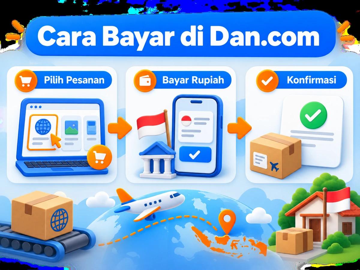 Ilustrasi belanja di Dan.com dari Indonesia, mulai dari memilih produk atau pesanan hingga pembayaran dan konfirmasi transaksi.