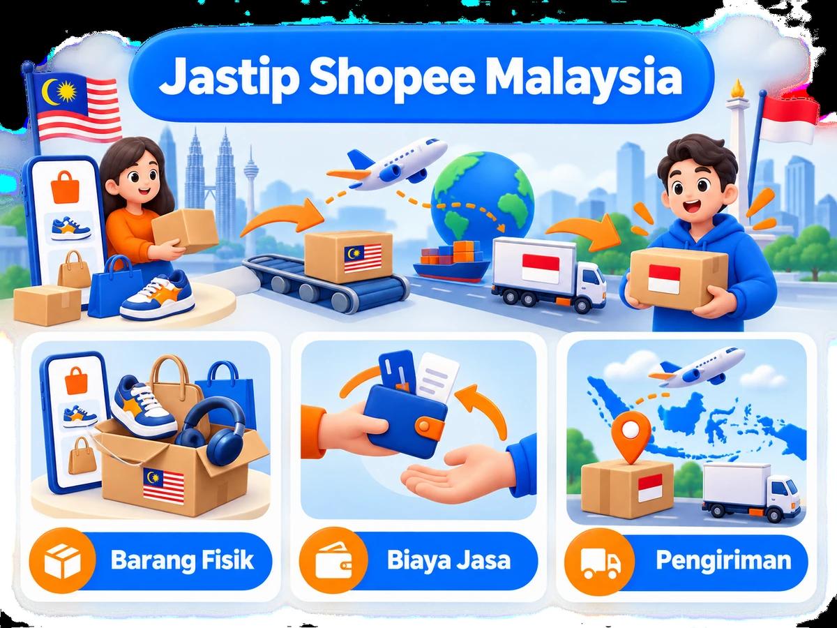 Ilustrasi alur jastip dan jasa bayar: pembelian barang luar negeri, pembayaran digital aman, dan paket diterima pelanggan Indonesia.