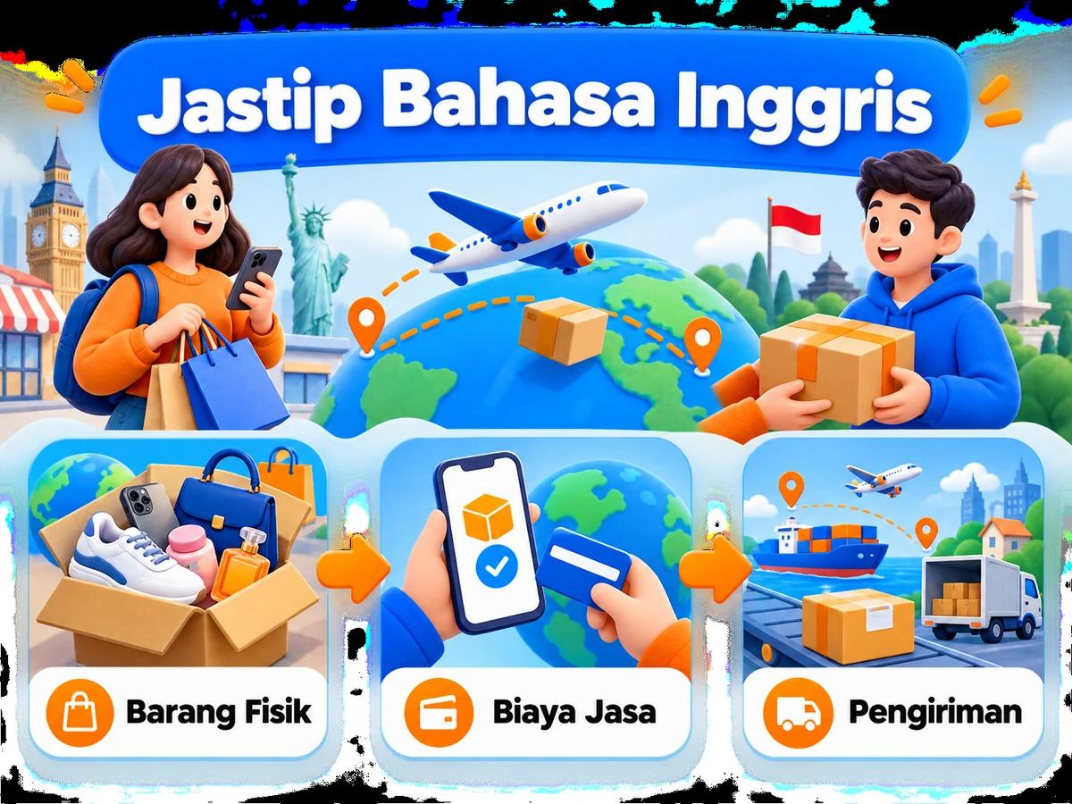 Ilustrasi alur jastip dan jasa bayar: pembelian barang luar negeri, pembayaran digital aman, dan paket diterima pelanggan Indonesia.