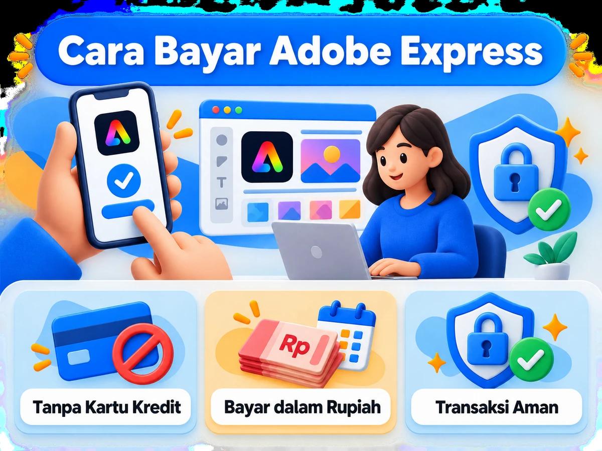 Ilustrasi pembayaran Adobe Express dari Indonesia melalui ponsel, perencanaan biaya rupiah, dan konfirmasi transaksi digital yang aman.