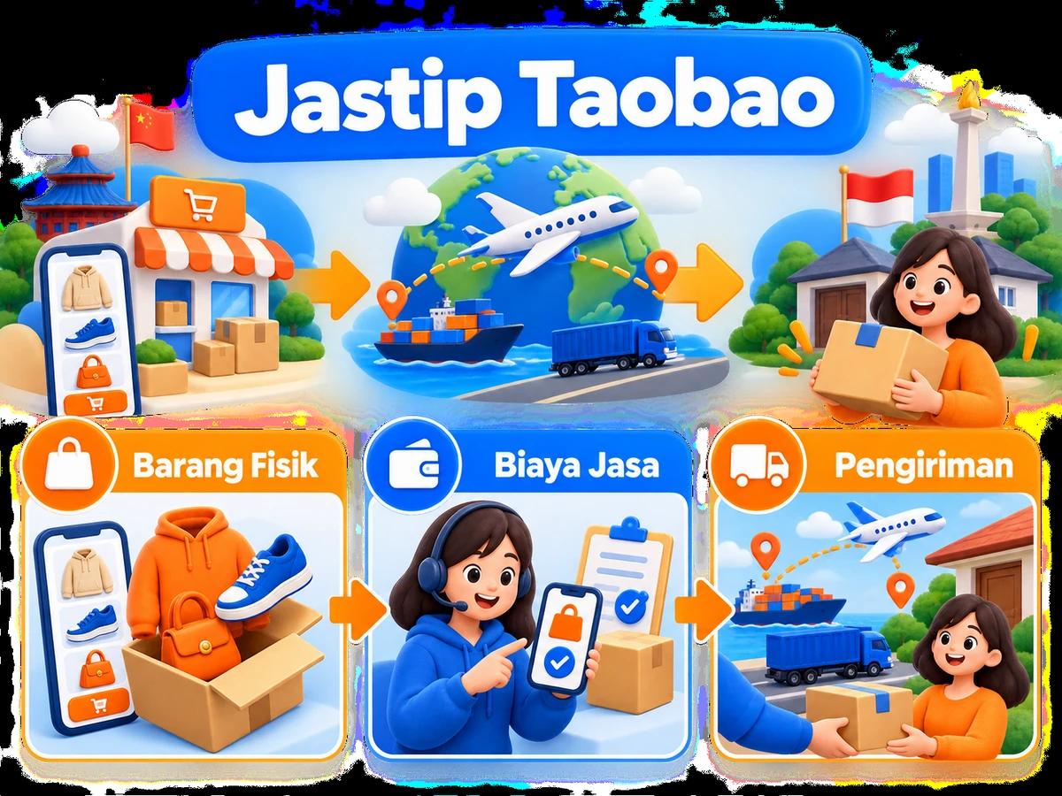 Ilustrasi alur jastip dan jasa bayar: pembelian barang luar negeri, pembayaran digital aman, dan paket diterima pelanggan Indonesia.