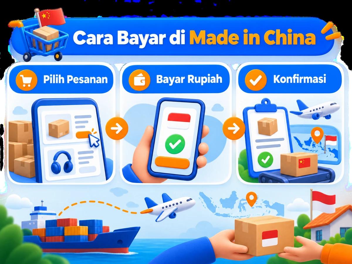 Ilustrasi belanja di Made in China dari Indonesia, mulai dari memilih produk atau pesanan hingga pembayaran dan konfirmasi transaksi.