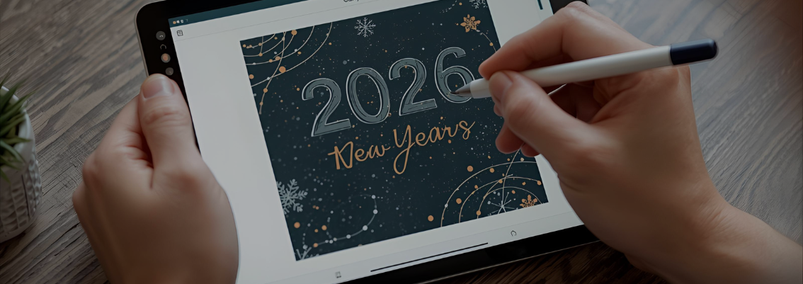 A person's hand designing an aesthetic 2026 new year greeting card on a tablet using the Canva Pro app.