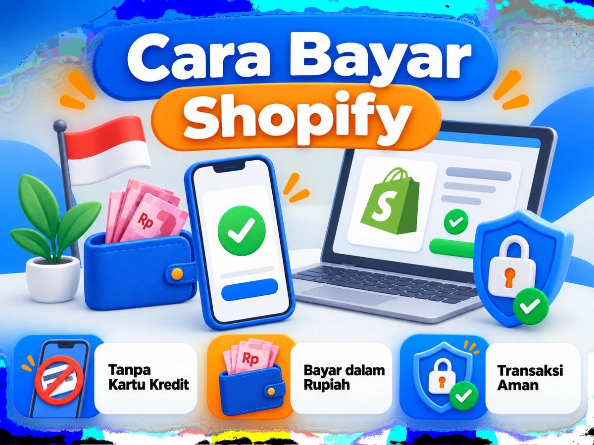 Ilustrasi pembayaran Shopify dari Indonesia melalui ponsel, perencanaan biaya rupiah, dan konfirmasi transaksi digital yang aman.