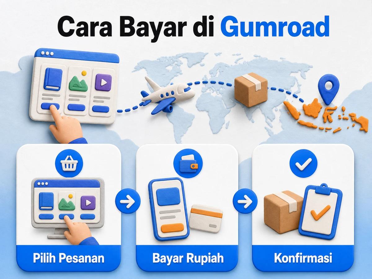 Ilustrasi belanja di Gumroad dari Indonesia, mulai dari memilih produk atau pesanan hingga pembayaran dan konfirmasi transaksi.