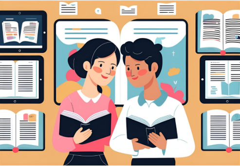 Illustration of two people reading digital books together, representing the concept of sharing Gramedia Digital Premium access via Join Bareng