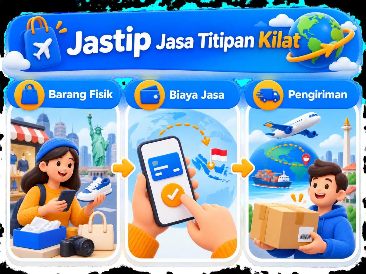 Ilustrasi alur jastip dan jasa bayar: pembelian barang luar negeri, pembayaran digital aman, dan paket diterima pelanggan Indonesia.