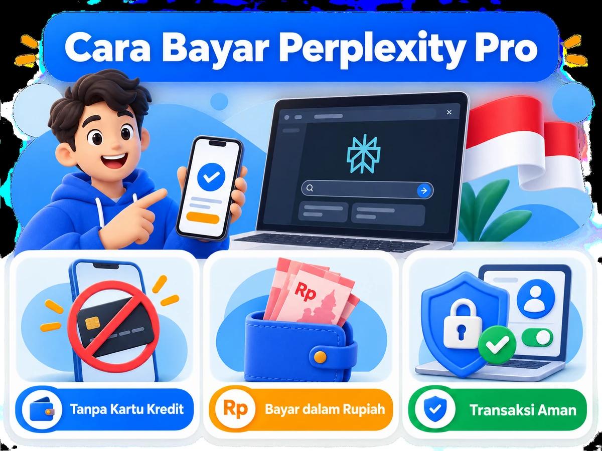 Ilustrasi pembayaran Perplexity Pro dari Indonesia melalui ponsel, perencanaan biaya rupiah, dan konfirmasi transaksi digital yang aman.