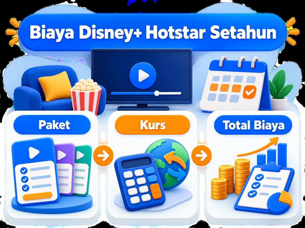 Ilustrasi perbandingan paket dan perencanaan biaya Disney+ Hotstar dalam rupiah menggunakan kalkulator dan kalender bulanan.