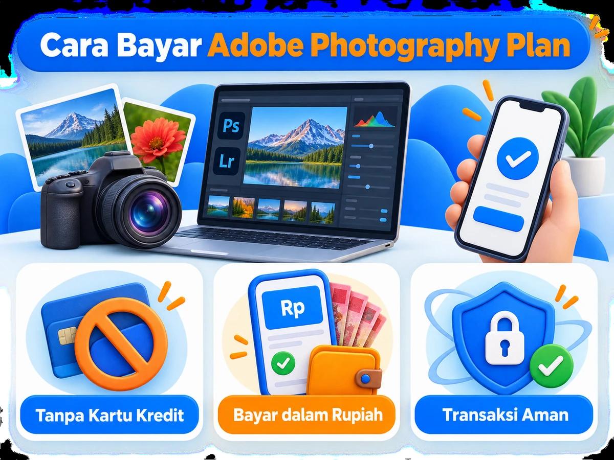 Ilustrasi pembayaran Adobe Photography Plan dari Indonesia melalui ponsel, perencanaan biaya rupiah, dan konfirmasi transaksi digital yang aman.