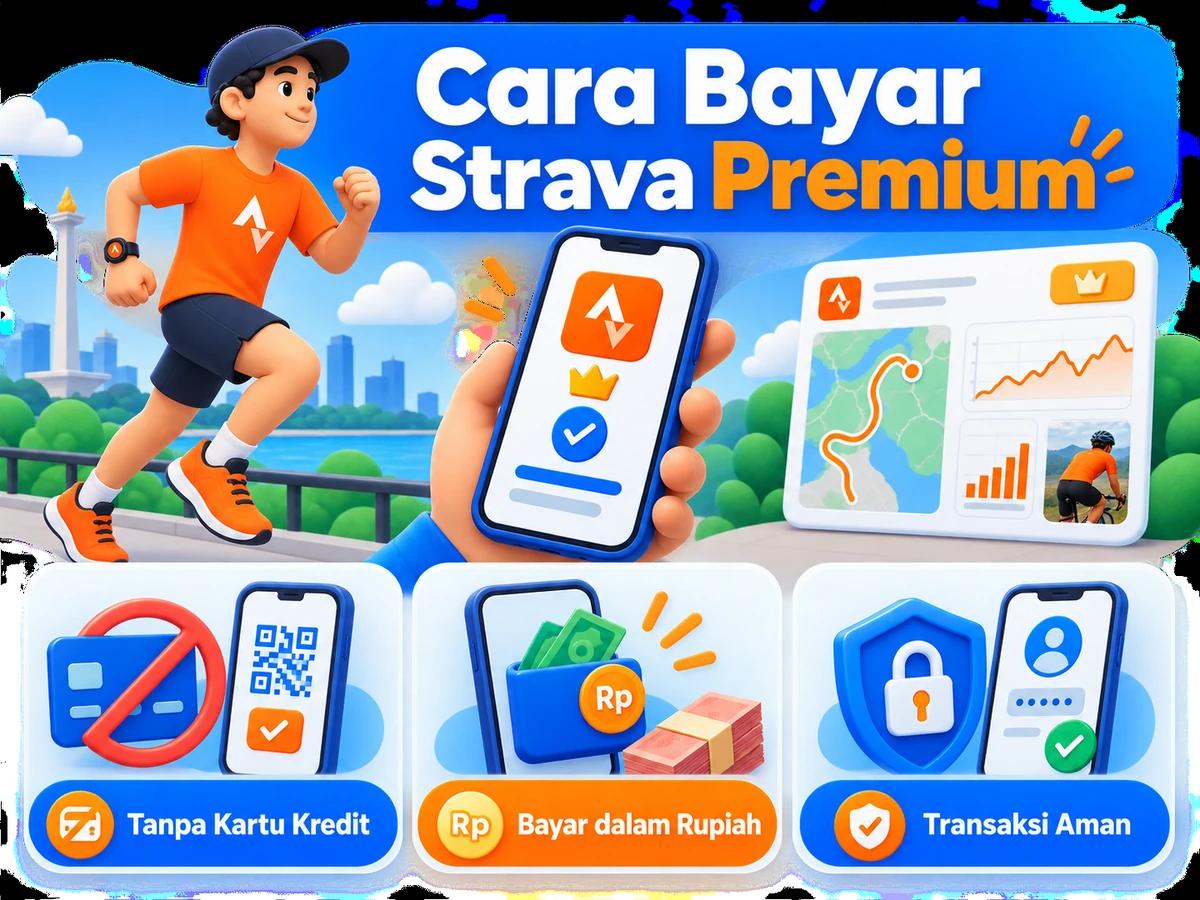 Ilustrasi pembayaran Strava Premium dari Indonesia melalui ponsel, perencanaan biaya rupiah, dan konfirmasi transaksi digital yang aman.