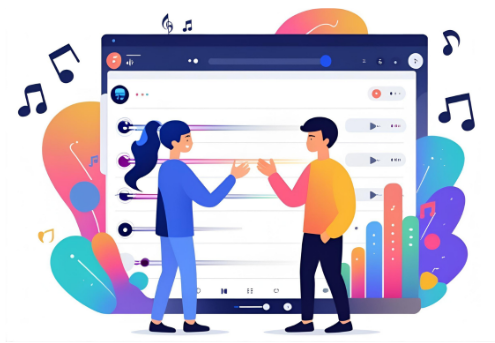 Illustration of two people sharing Apple Music playlists on a digital screen with a colorful music-themed background.
