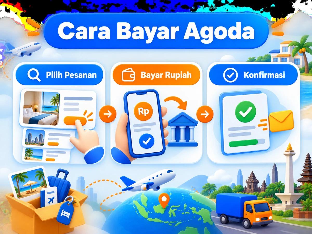 Ilustrasi pembayaran Agoda dari Indonesia melalui ponsel, perencanaan biaya rupiah, dan konfirmasi transaksi digital yang aman.