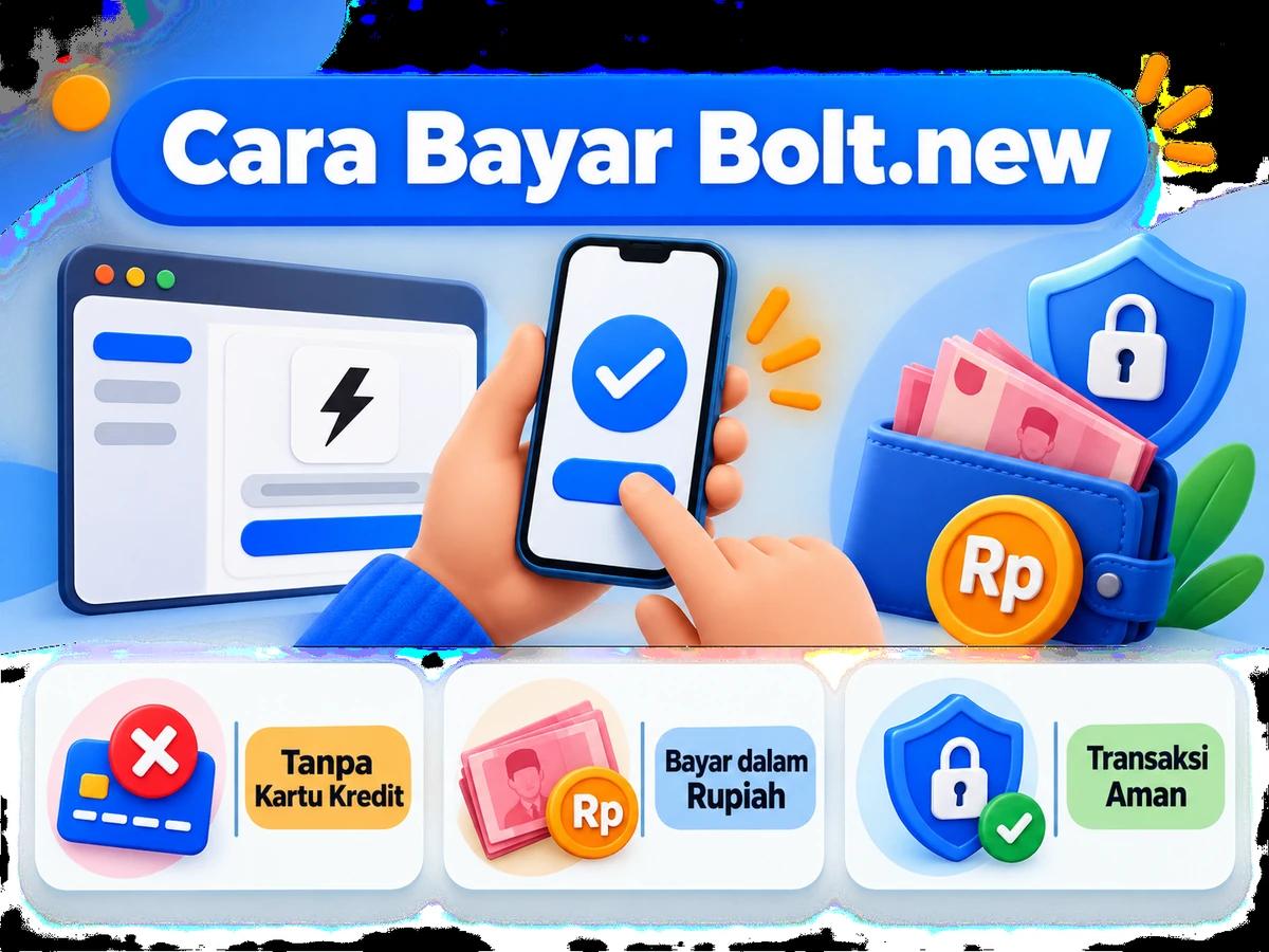 Ilustrasi pembayaran Bolt.new dari Indonesia melalui ponsel, perencanaan biaya rupiah, dan konfirmasi transaksi digital yang aman.
