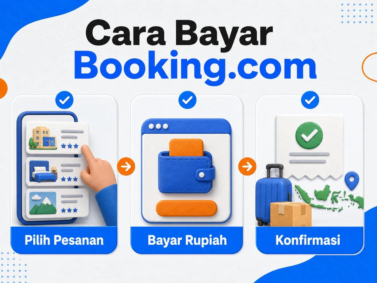 Ilustrasi pembayaran Booking.com dari Indonesia melalui ponsel, perencanaan biaya rupiah, dan konfirmasi transaksi digital yang aman.
