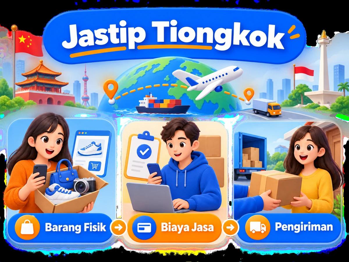 Ilustrasi alur jastip dan jasa bayar: pembelian barang luar negeri, pembayaran digital aman, dan paket diterima pelanggan Indonesia.