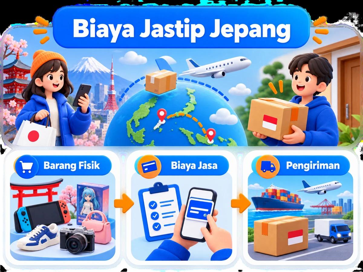 Ilustrasi alur jastip dan jasa bayar: pembelian barang luar negeri, pembayaran digital aman, dan paket diterima pelanggan Indonesia.