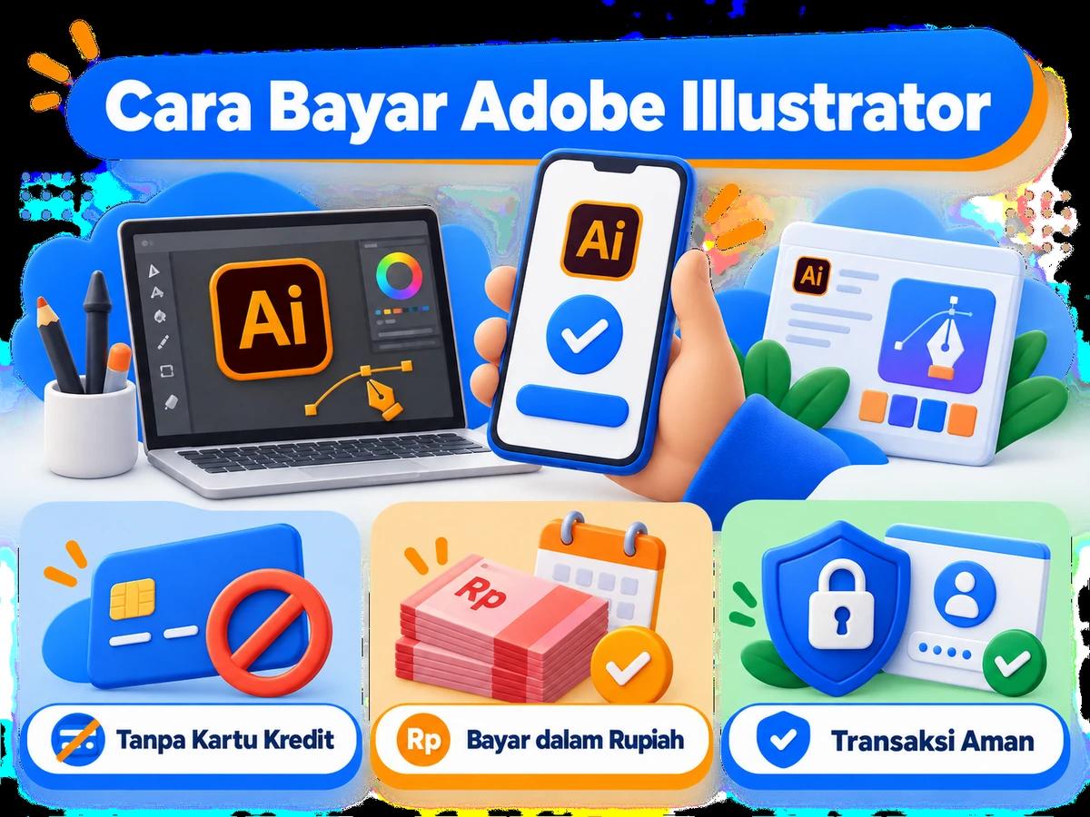 Ilustrasi pembayaran Adobe Illustrator dari Indonesia melalui ponsel, perencanaan biaya rupiah, dan konfirmasi transaksi digital yang aman.