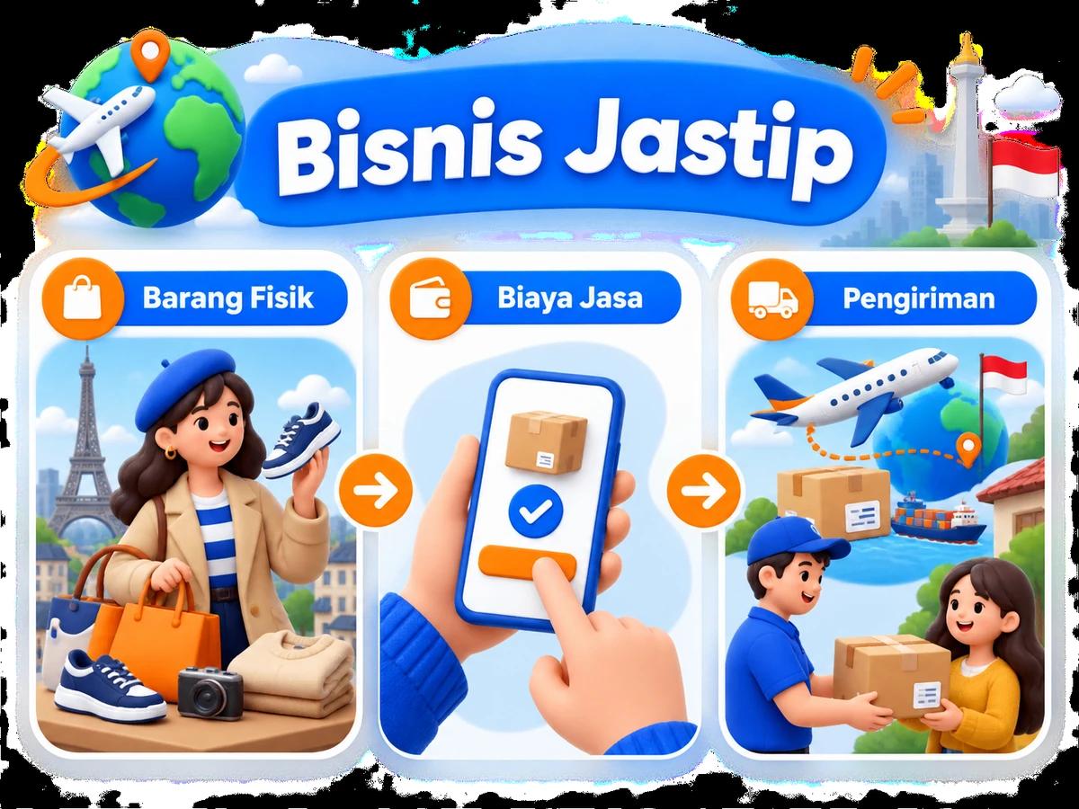 Ilustrasi alur jastip dan jasa bayar: pembelian barang luar negeri, pembayaran digital aman, dan paket diterima pelanggan Indonesia.