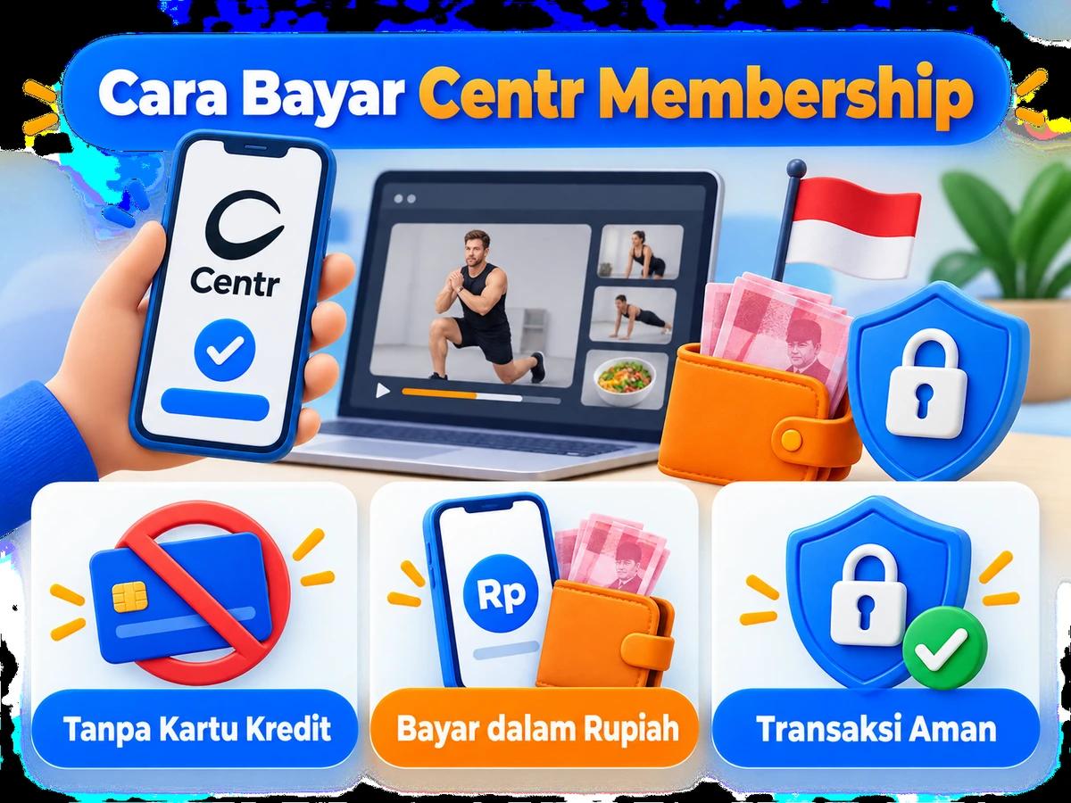 Ilustrasi pembayaran Centr Membership dari Indonesia melalui ponsel, perencanaan biaya rupiah, dan konfirmasi transaksi digital yang aman.