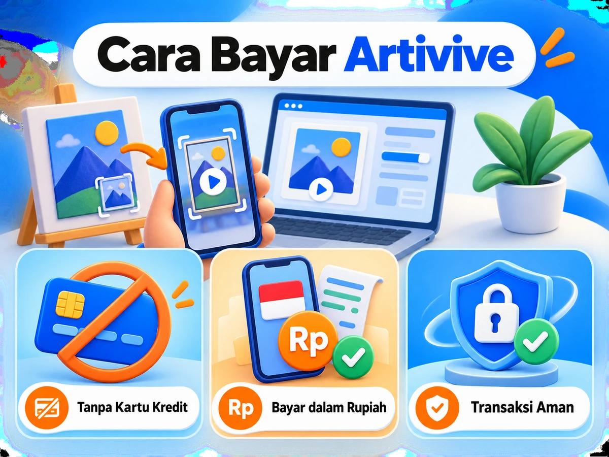 Ilustrasi pembayaran Artivive dari Indonesia melalui ponsel, perencanaan biaya rupiah, dan konfirmasi transaksi digital yang aman.