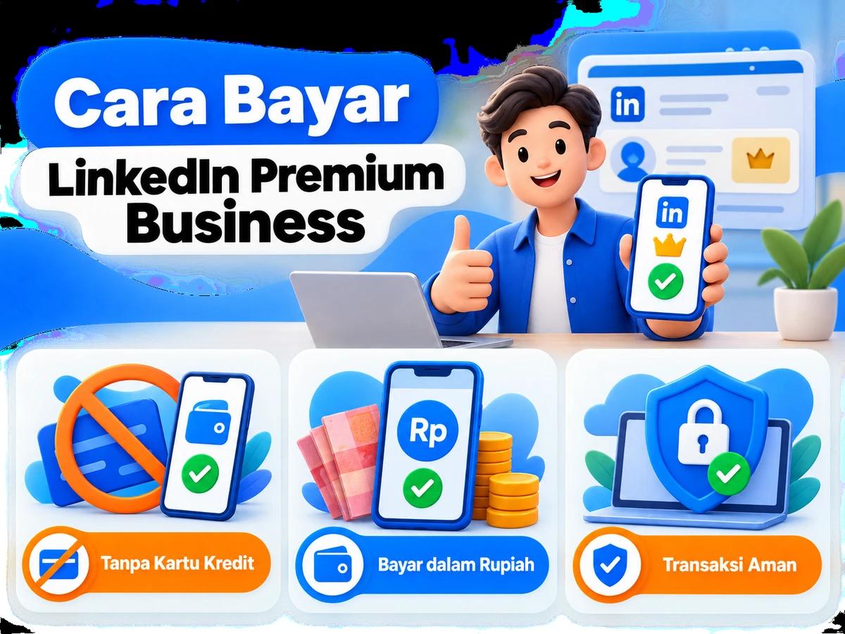Ilustrasi pembayaran LinkedIn Premium Business dari Indonesia melalui ponsel, perencanaan biaya rupiah, dan konfirmasi transaksi digital yang aman.