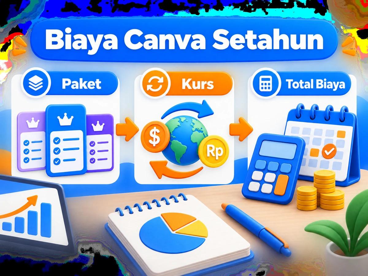 Ilustrasi perbandingan paket dan perencanaan biaya Canva dalam rupiah menggunakan kalkulator dan kalender bulanan.