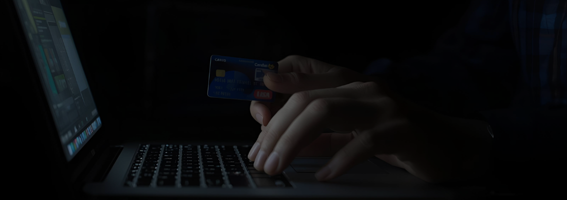 A hand holding a credit card hesitating to press a button on a laptop at night, illustrating vigilance against Black Friday discount traps.