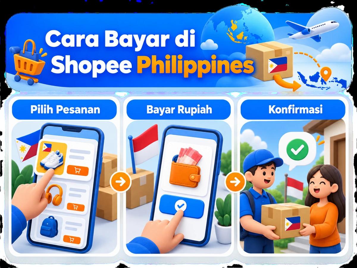 Ilustrasi belanja di Shopee Philippines dari Indonesia, mulai dari memilih produk atau pesanan hingga pembayaran dan konfirmasi transaksi.