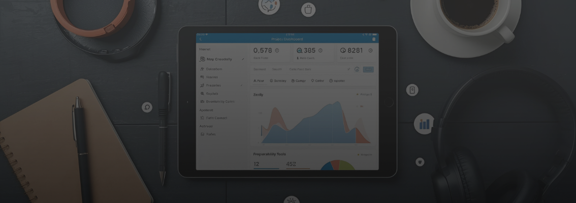 A professional desk with a laptop and tablet showing a premium productivity tools dashboard for hitting year-end targets.