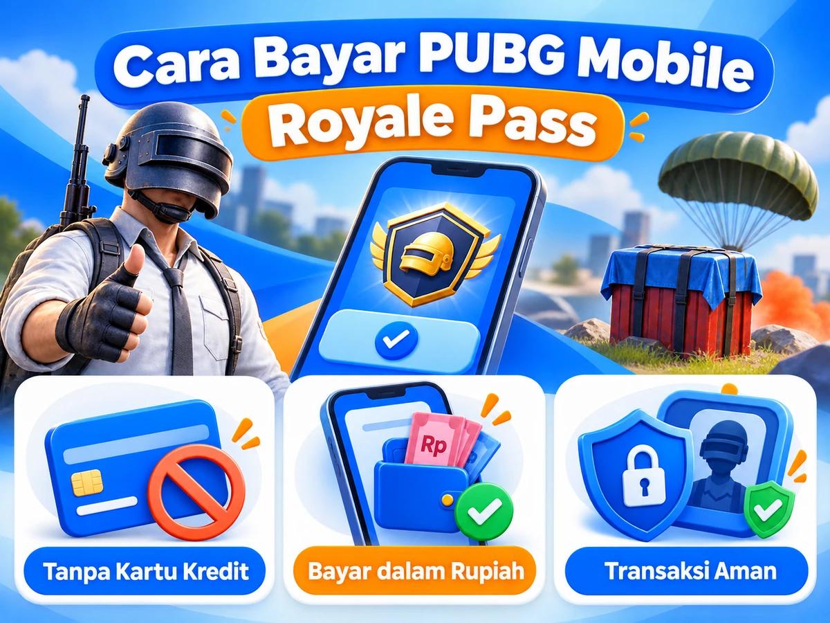 Ilustrasi pembayaran PUBG Mobile Royale Pass dari Indonesia melalui ponsel, perencanaan biaya rupiah, dan konfirmasi transaksi digital yang aman.