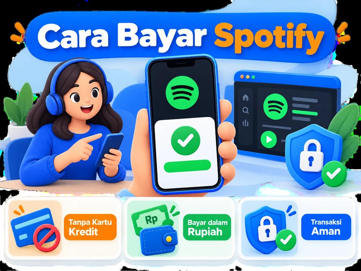 Ilustrasi pembayaran Spotify dari Indonesia melalui ponsel, perencanaan biaya rupiah, dan konfirmasi transaksi digital yang aman.
