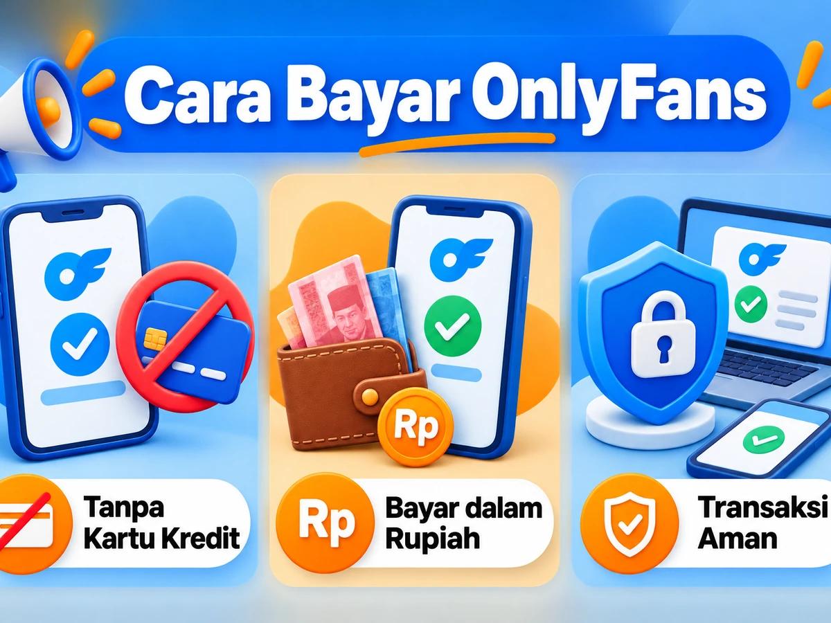 Ilustrasi pembayaran OnlyFans dari Indonesia melalui ponsel, perencanaan biaya rupiah, dan konfirmasi transaksi digital yang aman.