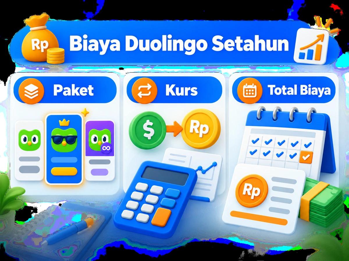 Ilustrasi perbandingan paket dan perencanaan biaya Duolingo dalam rupiah menggunakan kalkulator dan kalender bulanan.