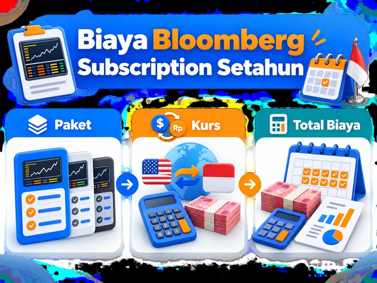 Ilustrasi perbandingan paket dan perencanaan biaya Bloomberg Subscription dalam rupiah menggunakan kalkulator dan kalender bulanan.