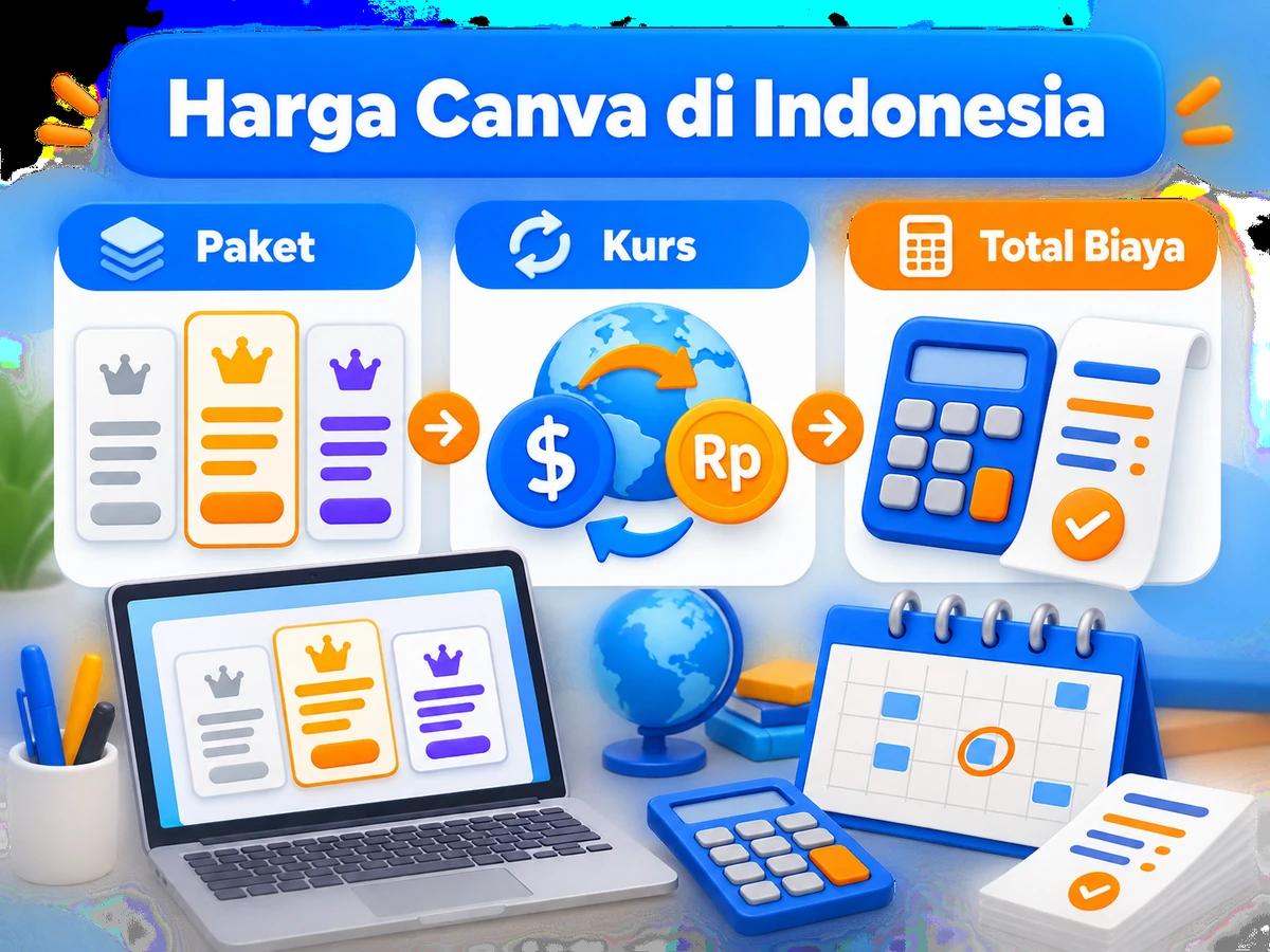 Ilustrasi perbandingan paket dan perencanaan biaya Canva dalam rupiah menggunakan kalkulator dan kalender bulanan.