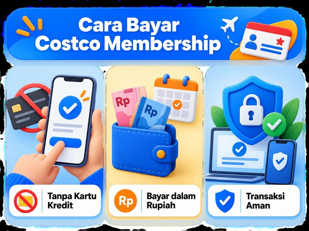 Ilustrasi pembayaran Costco Membership dari Indonesia melalui ponsel, perencanaan biaya rupiah, dan konfirmasi transaksi digital yang aman.