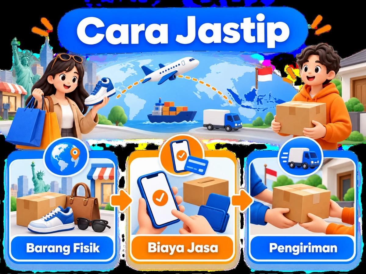 Ilustrasi alur jastip dan jasa bayar: pembelian barang luar negeri, pembayaran digital aman, dan paket diterima pelanggan Indonesia.