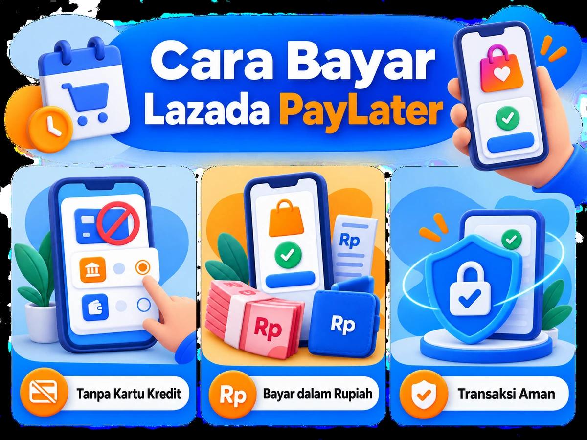 Ilustrasi pembayaran Lazada PayLater dari Indonesia melalui ponsel, perencanaan biaya rupiah, dan konfirmasi transaksi digital yang aman.