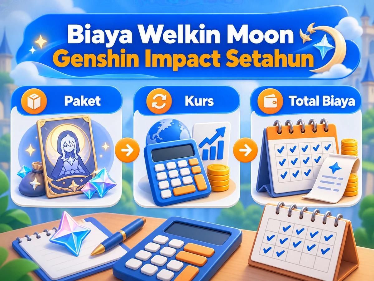 Ilustrasi perbandingan paket dan perencanaan biaya Welkin Moon Genshin Impact dalam rupiah menggunakan kalkulator dan kalender bulanan.