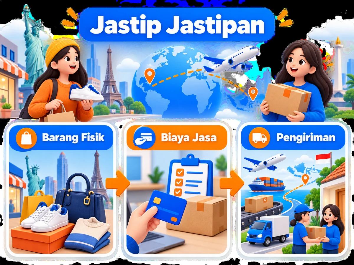 Ilustrasi alur jastip dan jasa bayar: pembelian barang luar negeri, pembayaran digital aman, dan paket diterima pelanggan Indonesia.