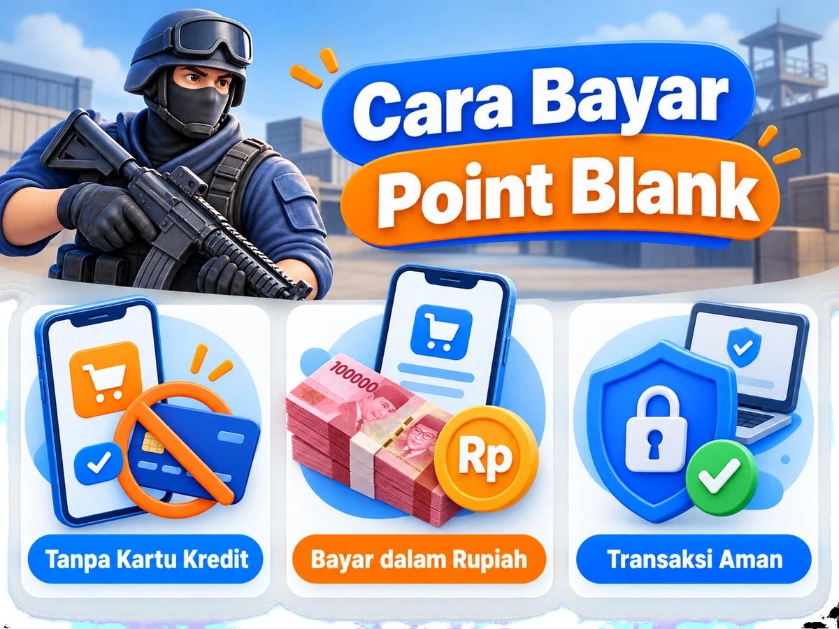 Ilustrasi pembayaran Point Blank dari Indonesia melalui ponsel, perencanaan biaya rupiah, dan konfirmasi transaksi digital yang aman.