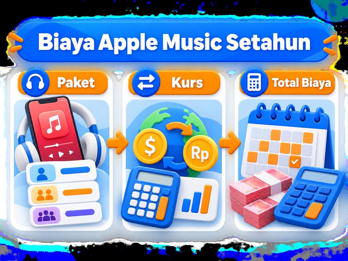 Ilustrasi perbandingan paket dan perencanaan biaya Apple Music dalam rupiah menggunakan kalkulator dan kalender bulanan.