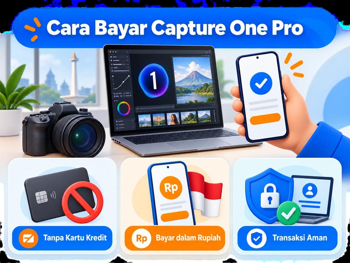 Ilustrasi pembayaran Capture One Pro dari Indonesia melalui ponsel, perencanaan biaya rupiah, dan konfirmasi transaksi digital yang aman.