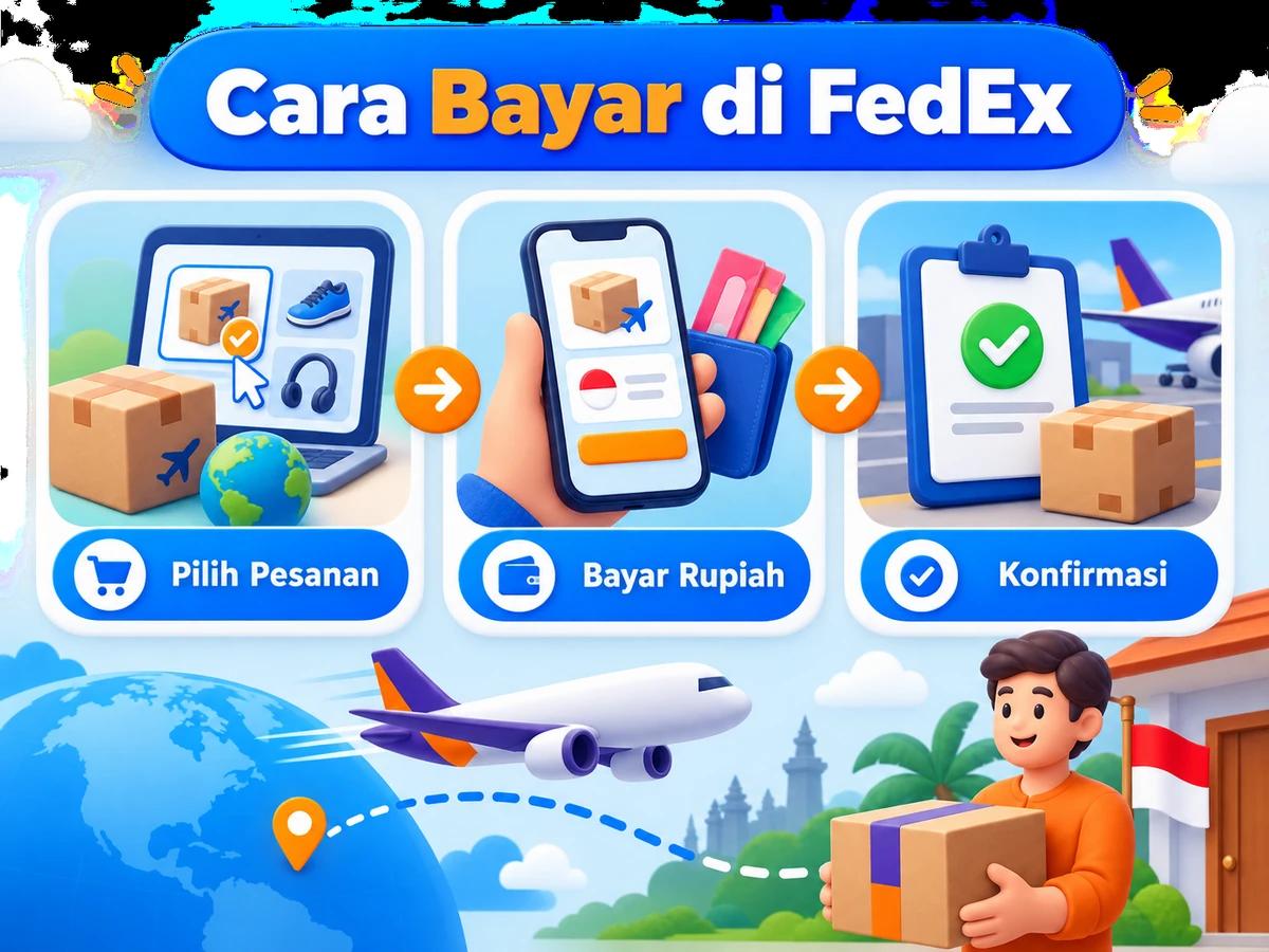 Ilustrasi belanja di FedEx dari Indonesia, mulai dari memilih produk atau pesanan hingga pembayaran dan konfirmasi transaksi.