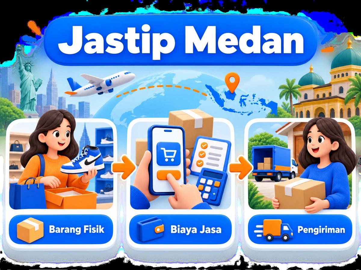 Ilustrasi alur jastip dan jasa bayar: pembelian barang luar negeri, pembayaran digital aman, dan paket diterima pelanggan Indonesia.