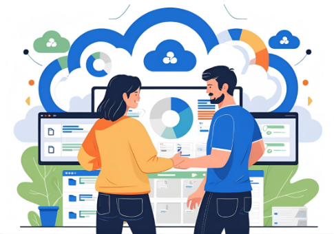 Illustration of two people discussing in front of a dashboard showing Google One cloud storage.