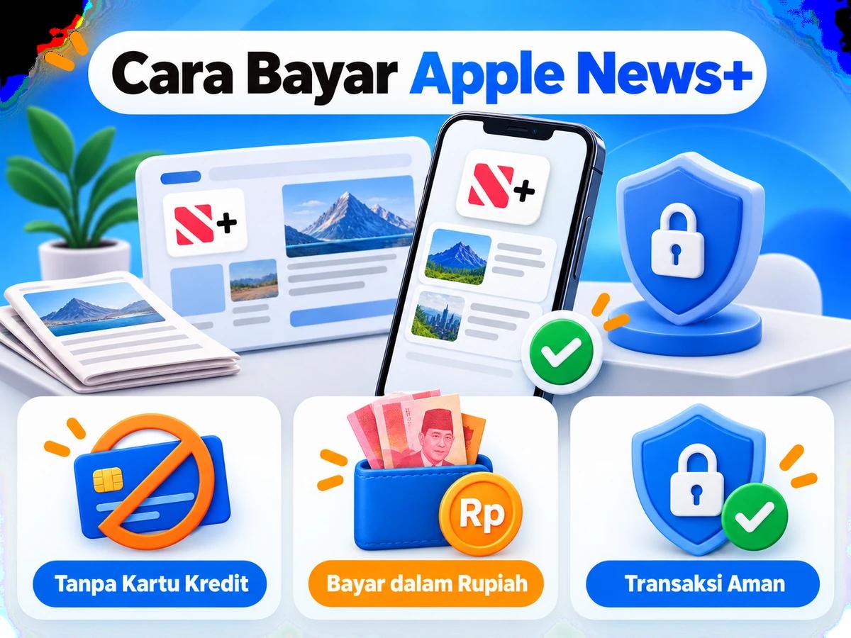 Ilustrasi pembayaran Apple News+ dari Indonesia melalui ponsel, perencanaan biaya rupiah, dan konfirmasi transaksi digital yang aman.
